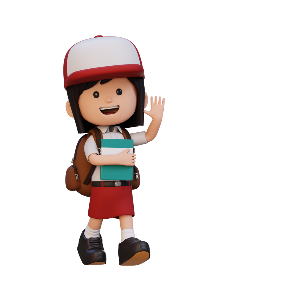 3D happy girl character walking go to school holding book and waving hand png