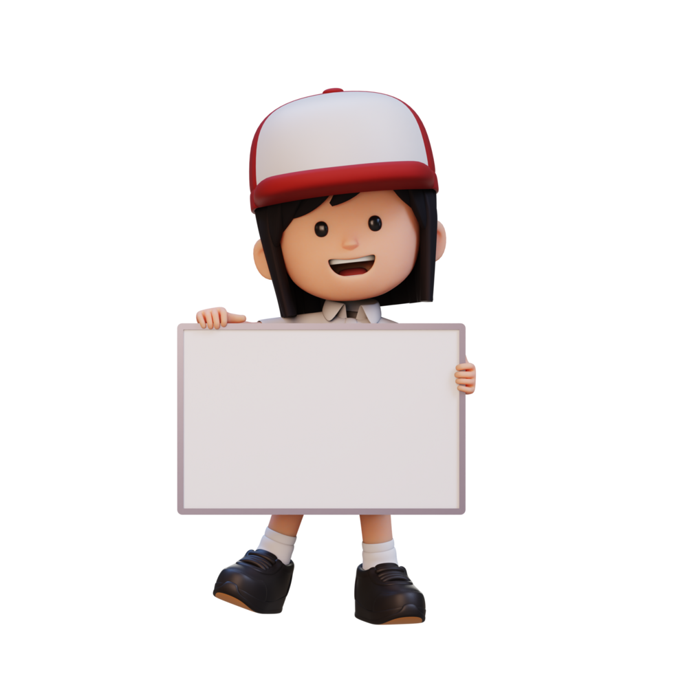 3D girl character holding a blank placard png