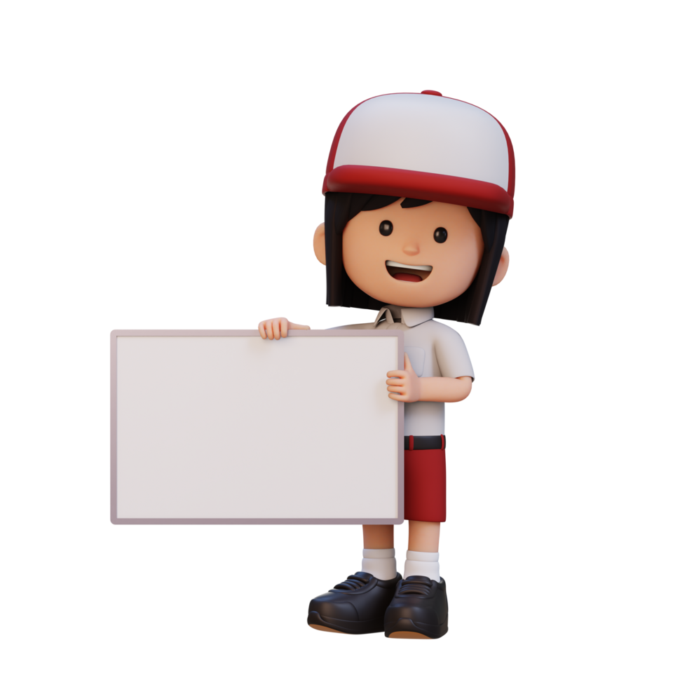 3D girl character holding a blank placard png