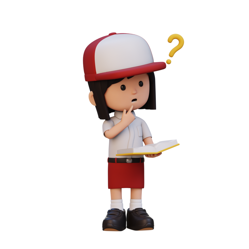 3D girl character get confused when reading a book png