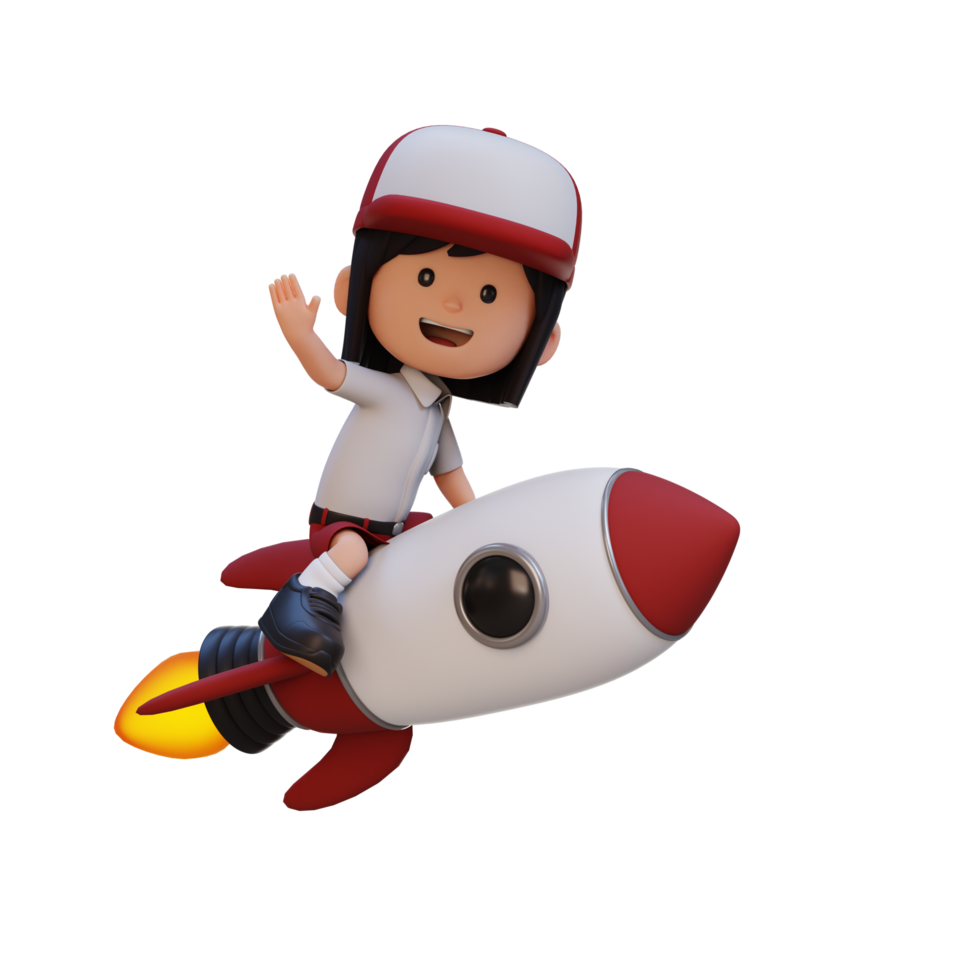 3D girl character riding a rocket and waving hand png