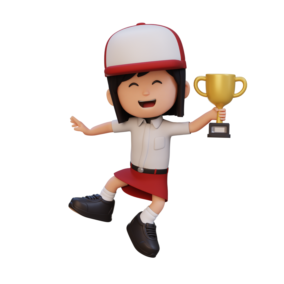 3D girl character celebrating win holding a trophy png