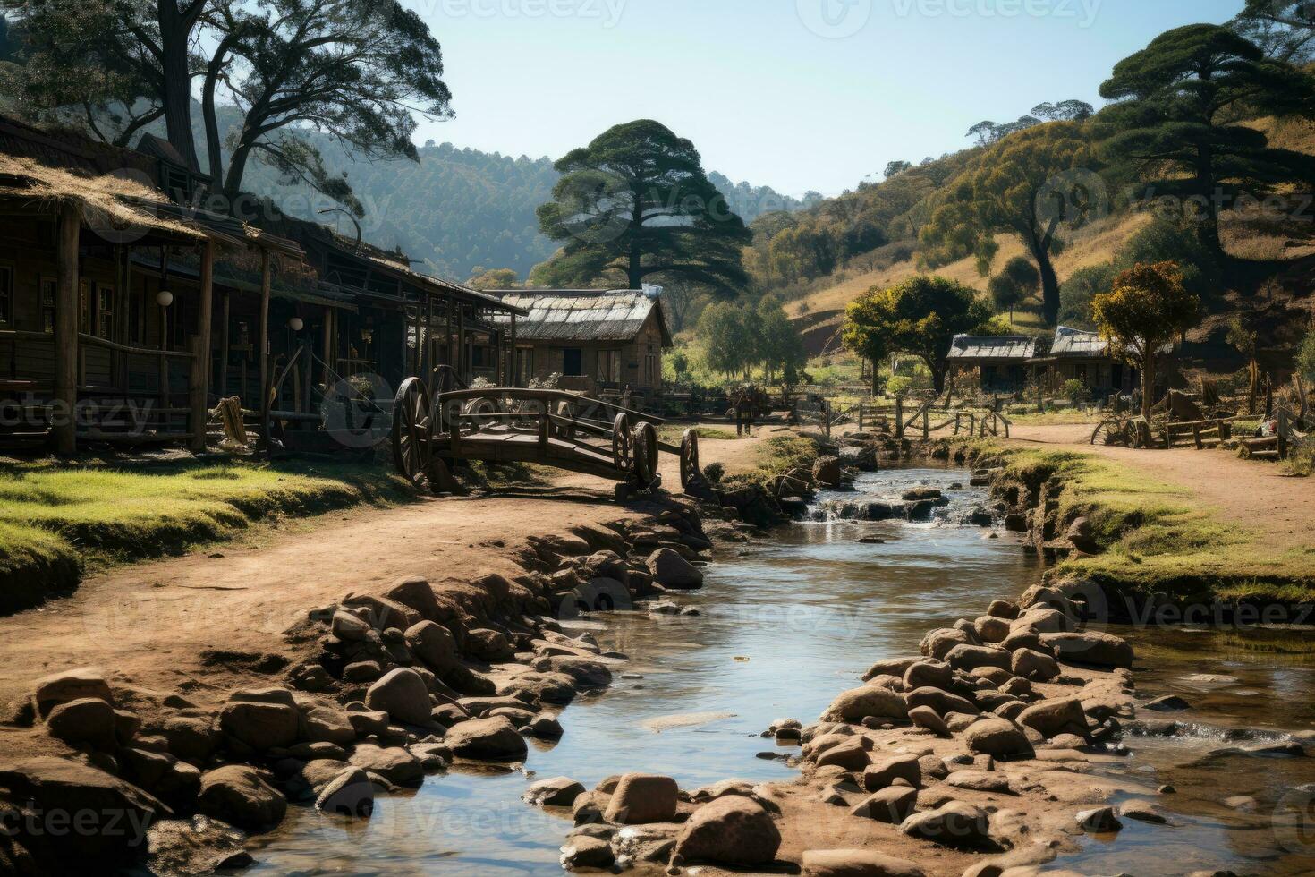 AI generated wooden house at the foot of the mountain professional photography photo