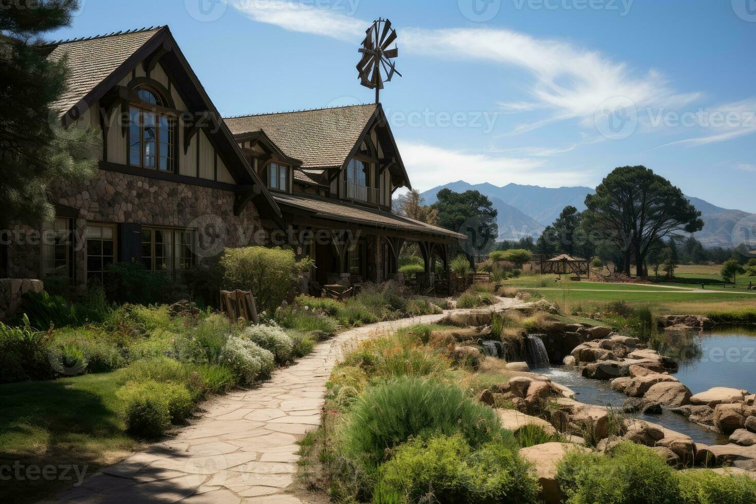 AI generated wooden house at the foot of the mountain professional photography photo