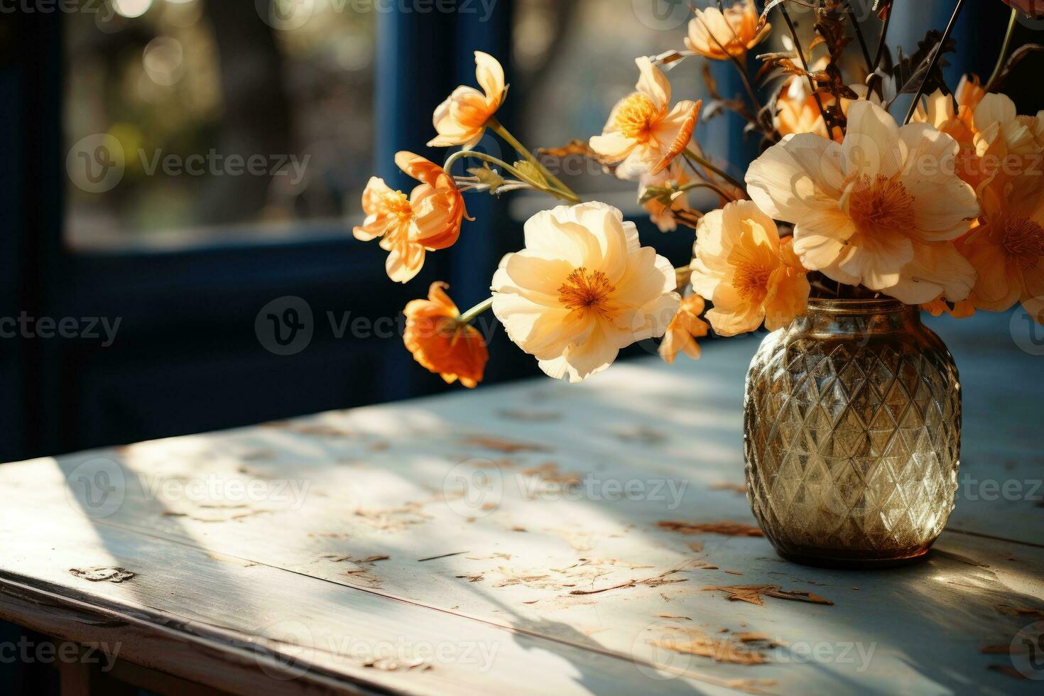 AI generated wooden table with flowers professional photography photo