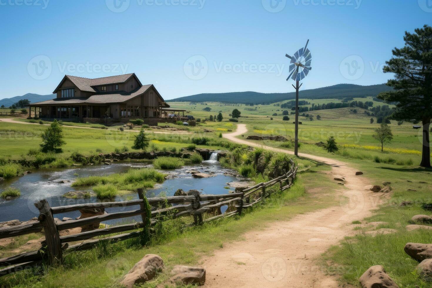 AI generated wooden house at the foot of the mountain professional photography photo
