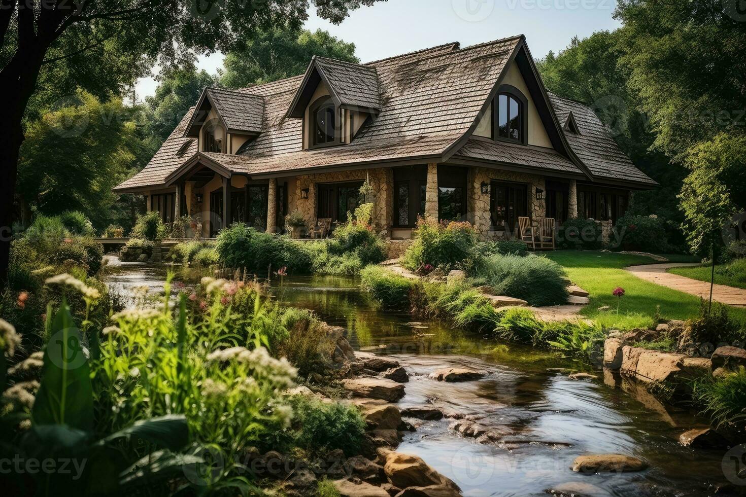 AI generated wooden house at the foot of the mountain professional photography photo