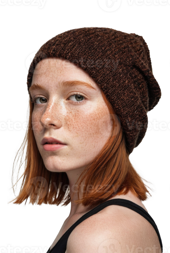 AI generated a young woman with freckles in a beanie png