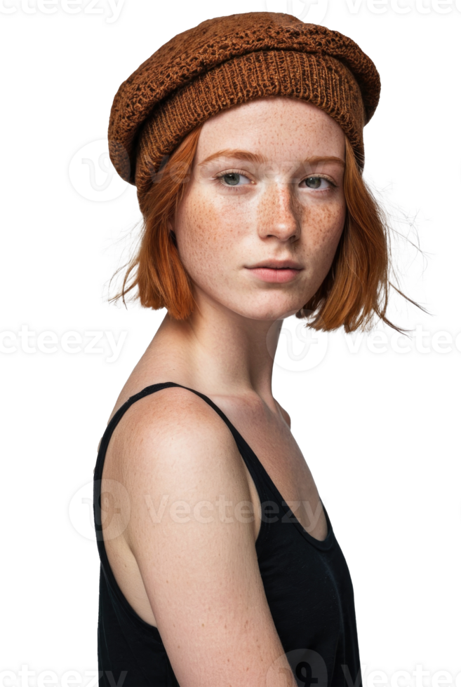 AI generated a young woman with freckles in a beanie png