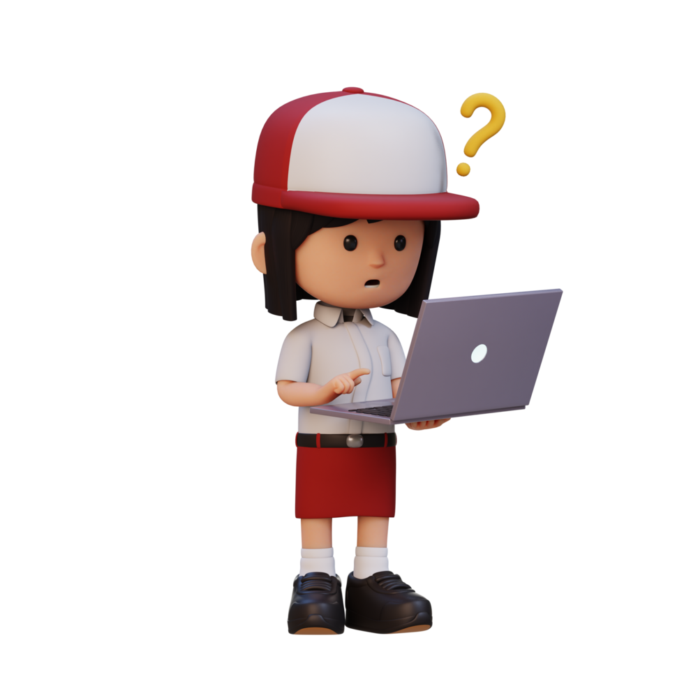 3D cute girl character confused on a laptop png