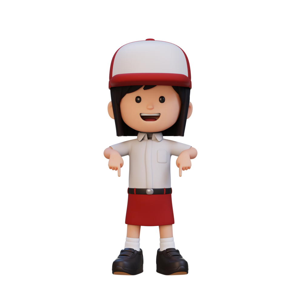 3D cute girl pointing hand to bottom png