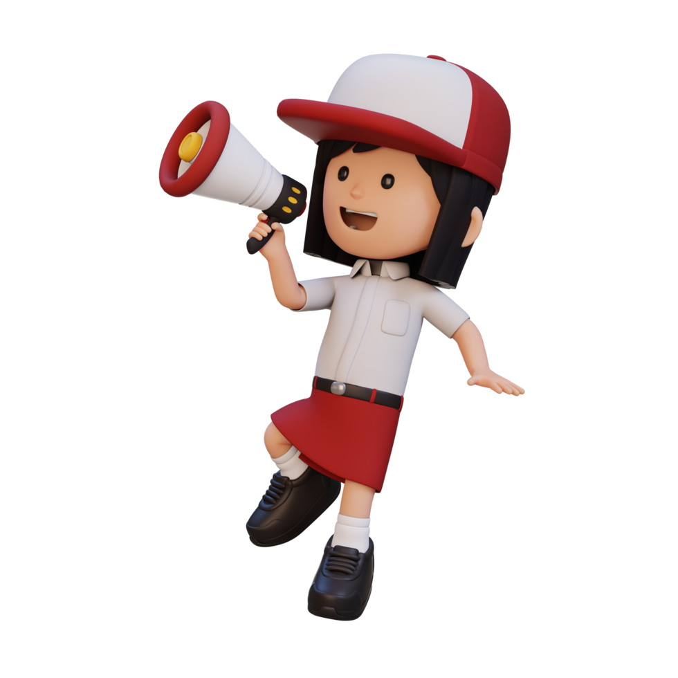 3D cute girl Character jumping and talking on Megaphone png