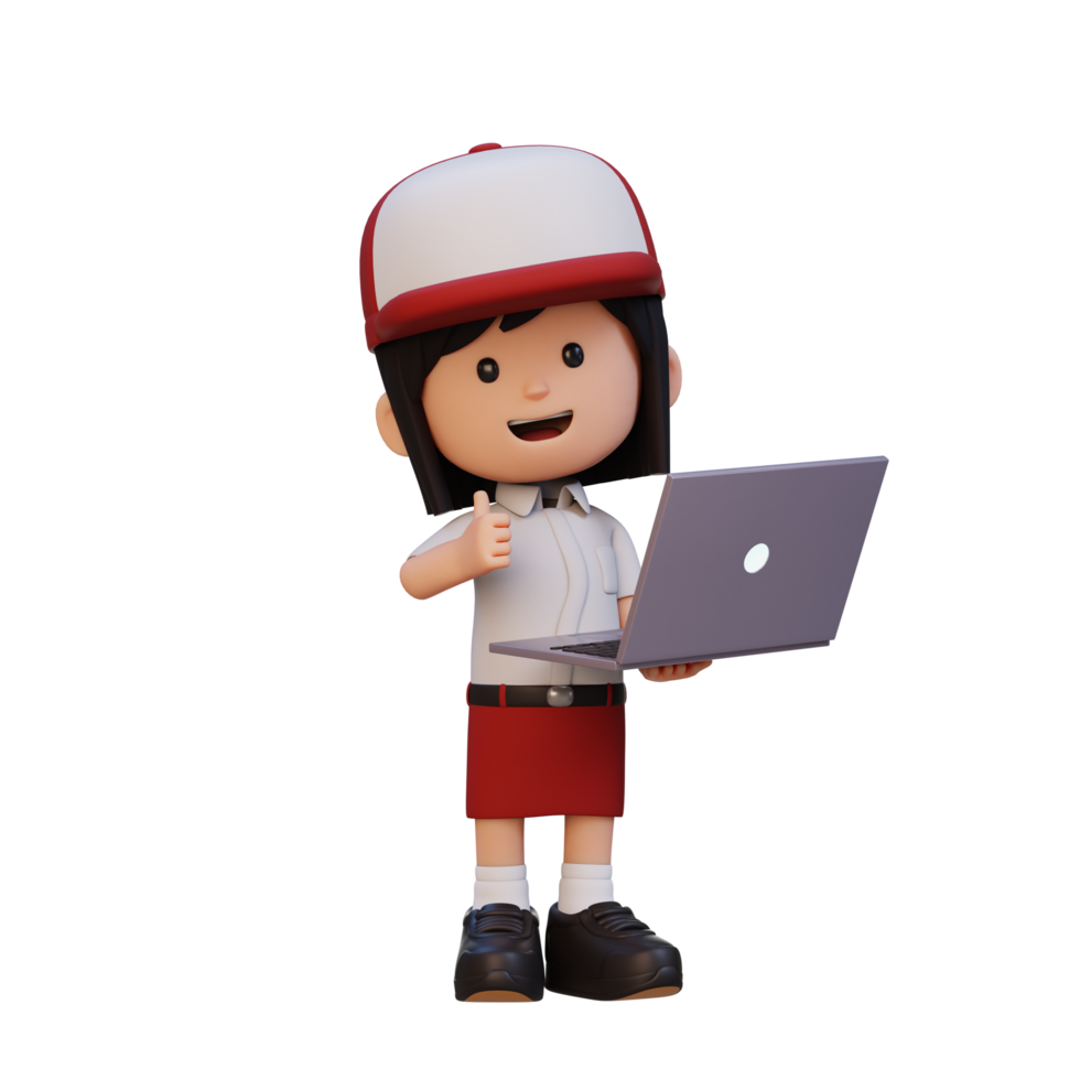 3D cute girl character give a thumb up while holding a laptop png