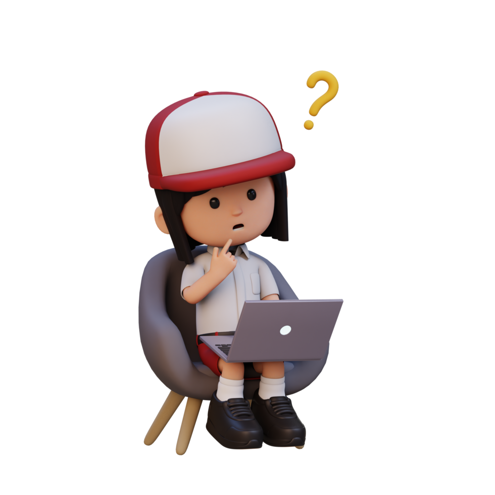 3D cute girl character confused on a laptop png