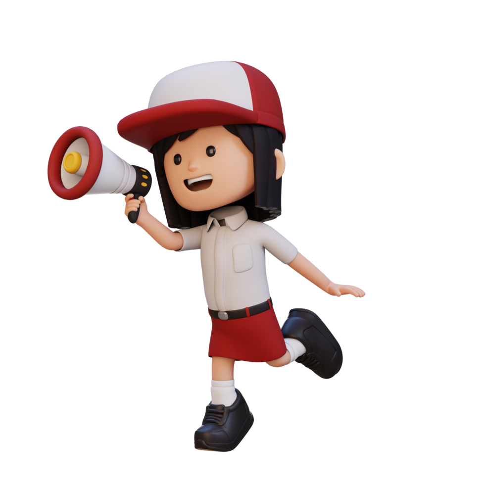 3D cute girl Character jumping and talking on Megaphone png