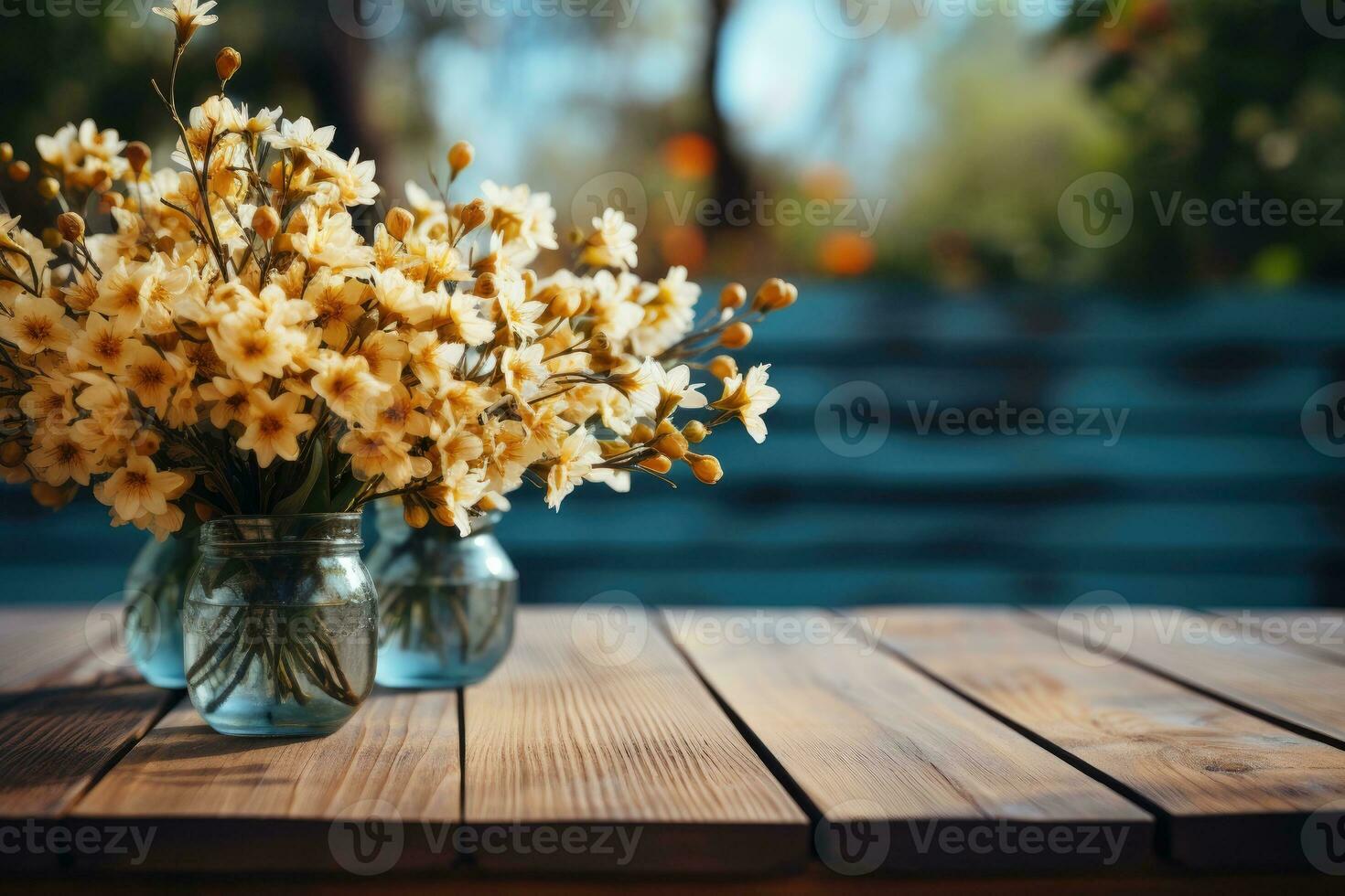 AI generated wooden table with flowers in the background professional photography photo