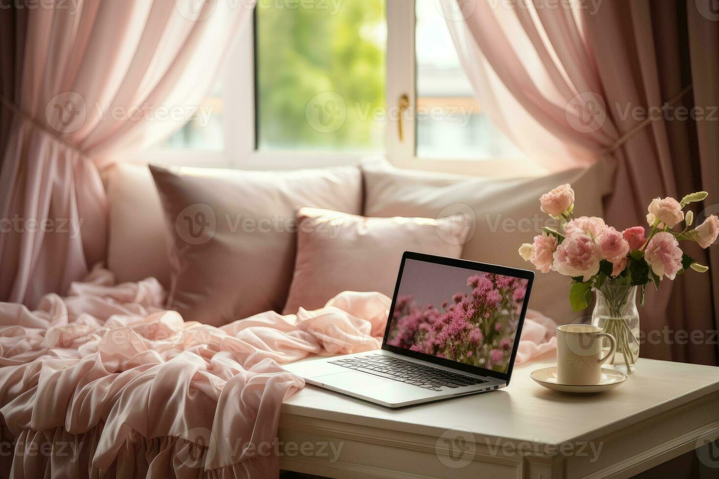 AI generated working in bed with laptop professional photography photo