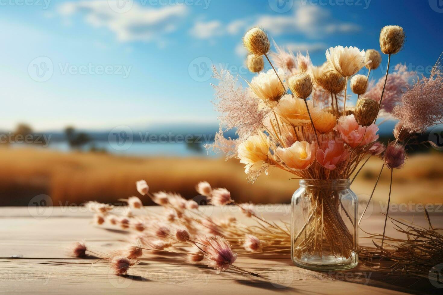 AI generated wooden table with flowers in the background professional photography photo