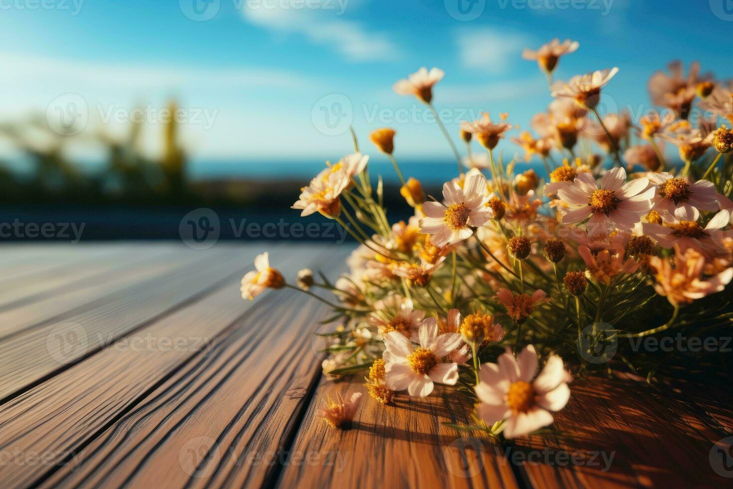 AI generated wooden table with flowers in the background professional photography photo