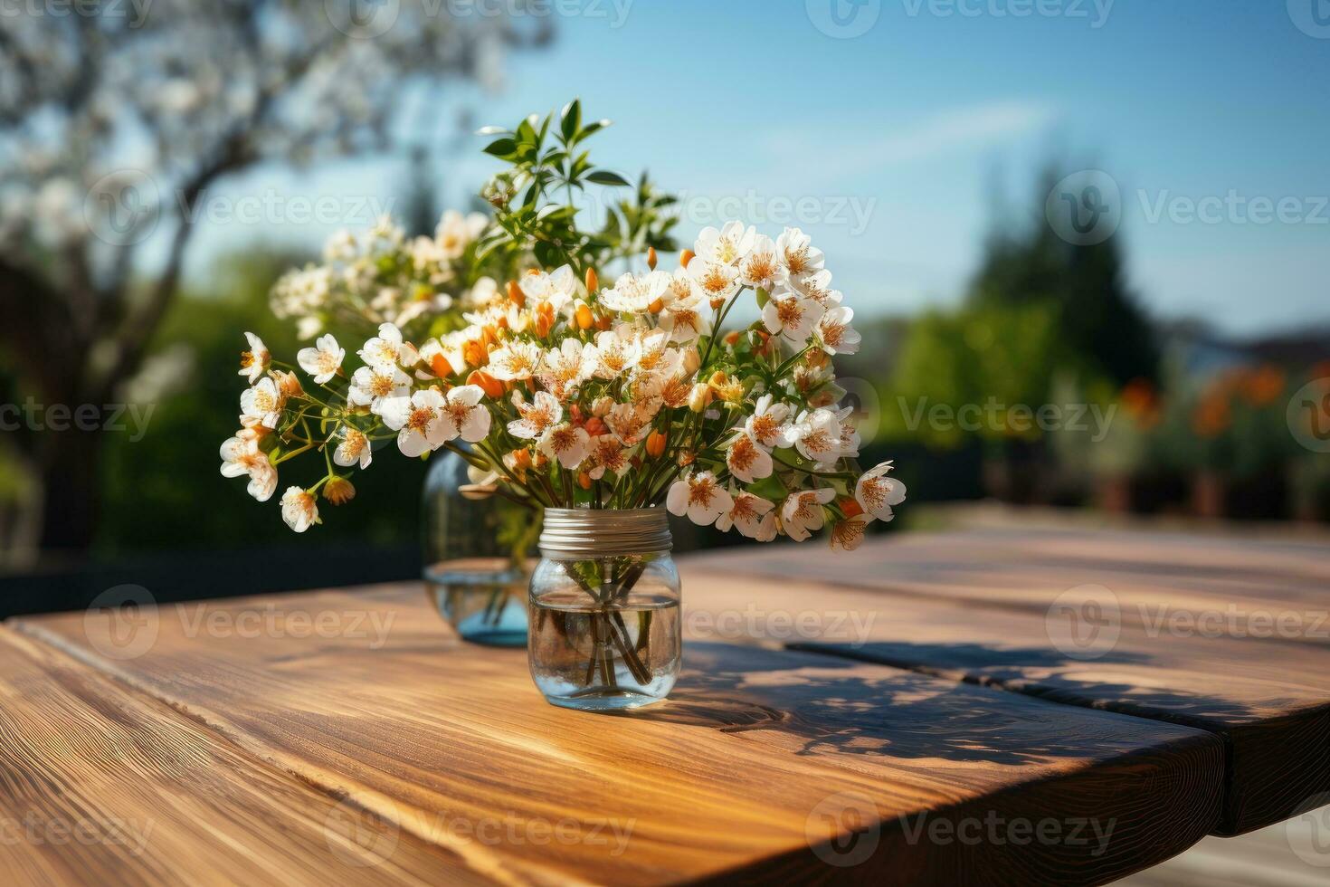 AI generated wooden table with flowers in the background professional photography photo