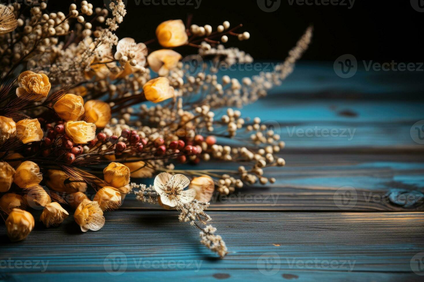 AI generated wooden table with flowers in the background professional photography photo