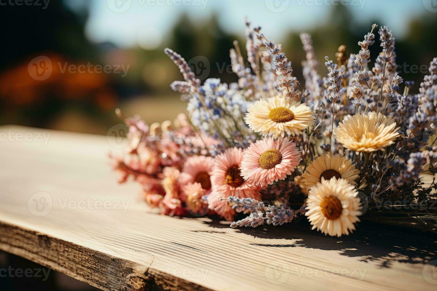 AI generated wooden table with flowers in the background professional photography photo