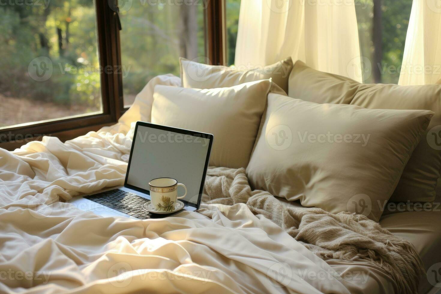 AI generated working in bed with laptop professional photography photo