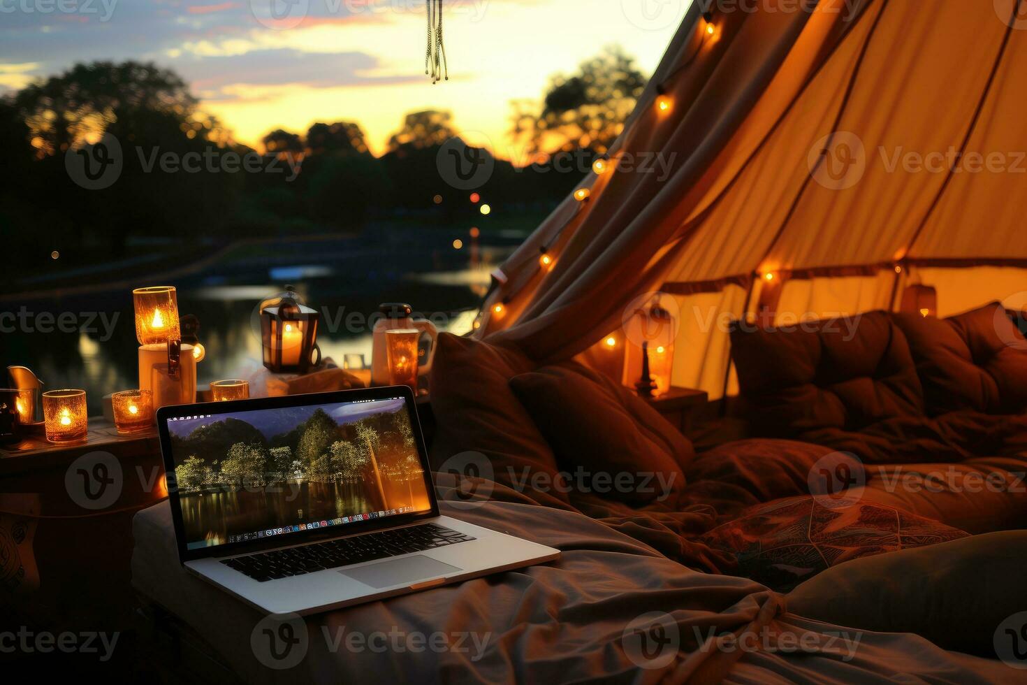 AI generated working in bed with laptop professional photography photo