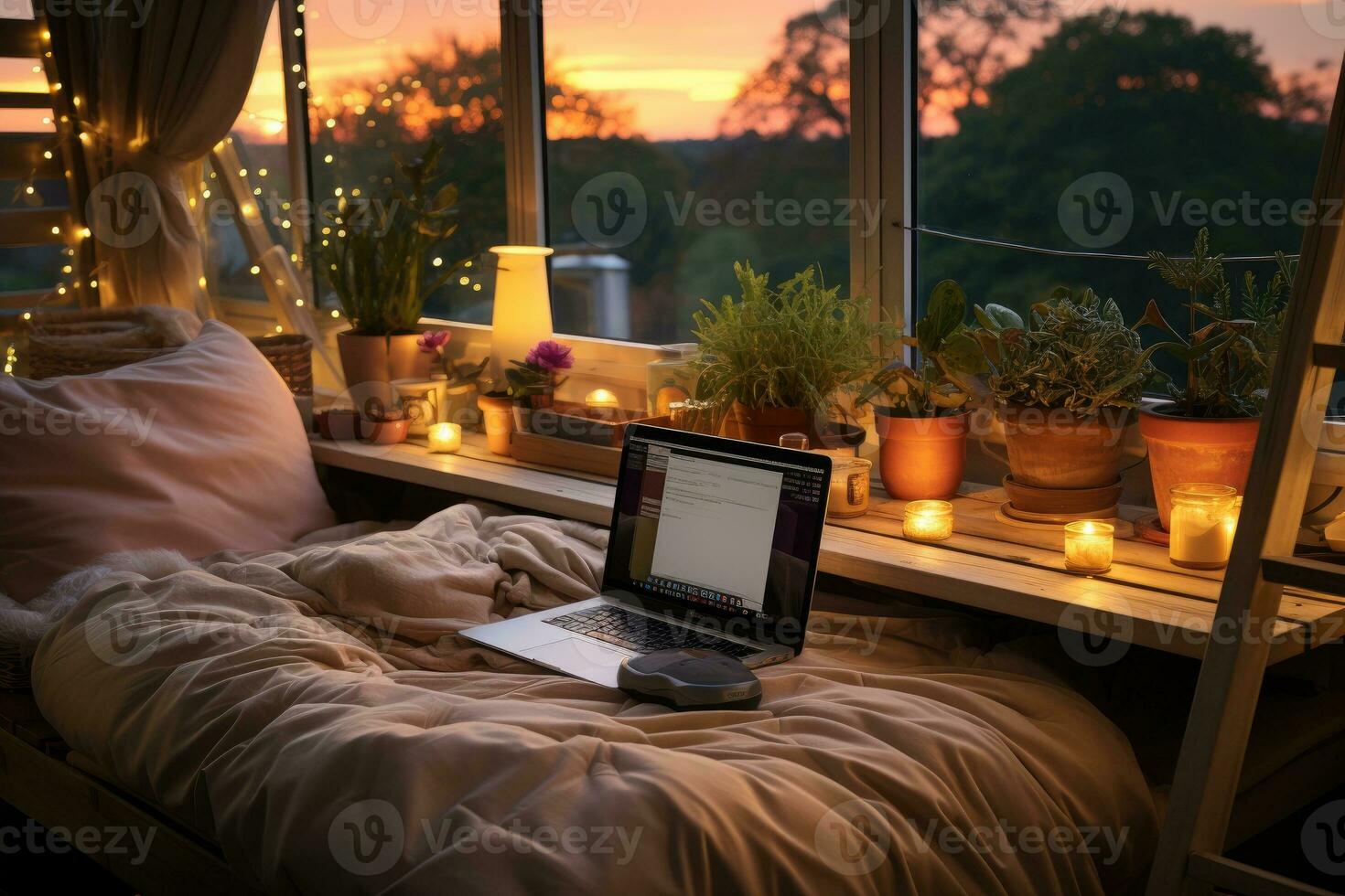 AI generated working in bed with laptop professional photography photo