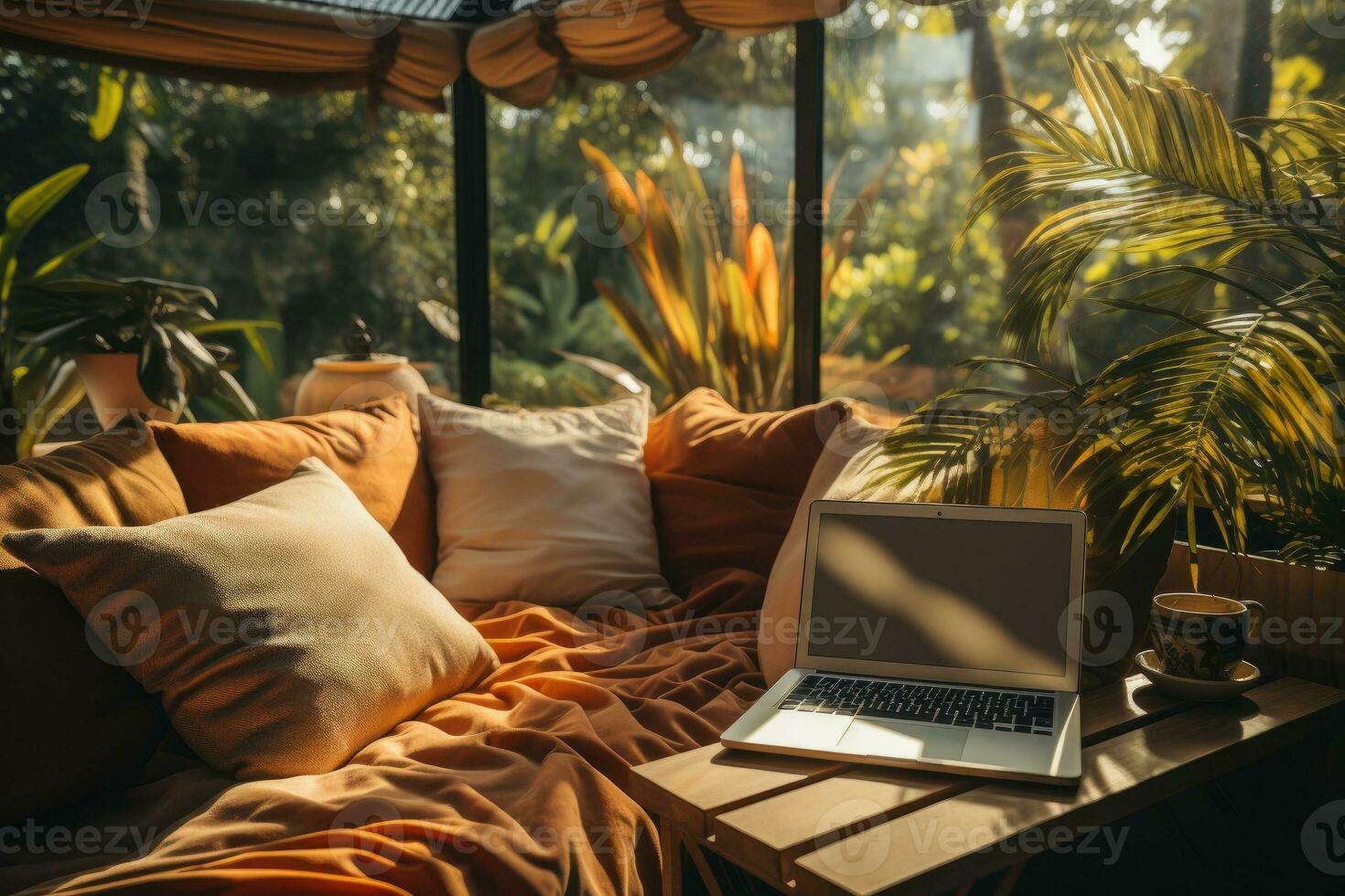AI generated working in bed with laptop professional photography photo