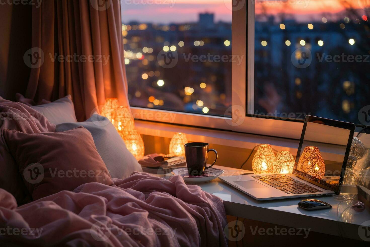 AI generated working in bed with laptop professional photography photo
