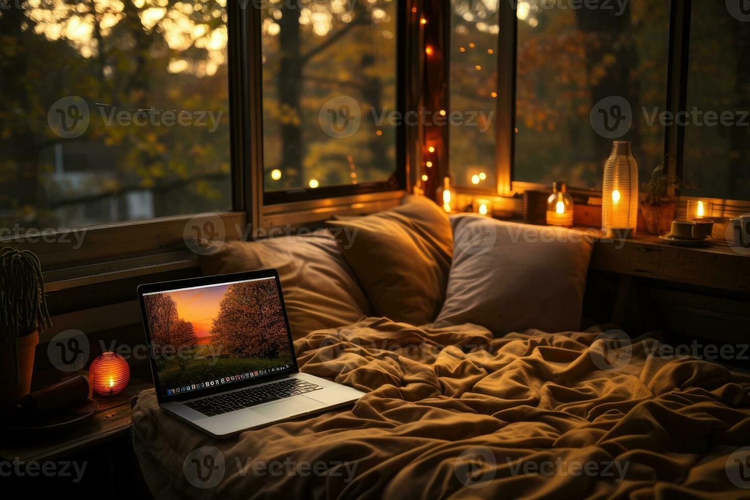 AI generated working in bed with laptop professional photography photo