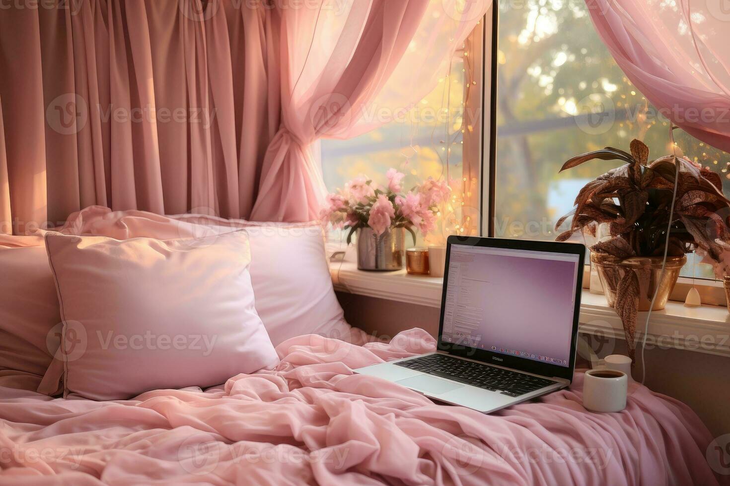 AI generated working in bed with laptop professional photography photo