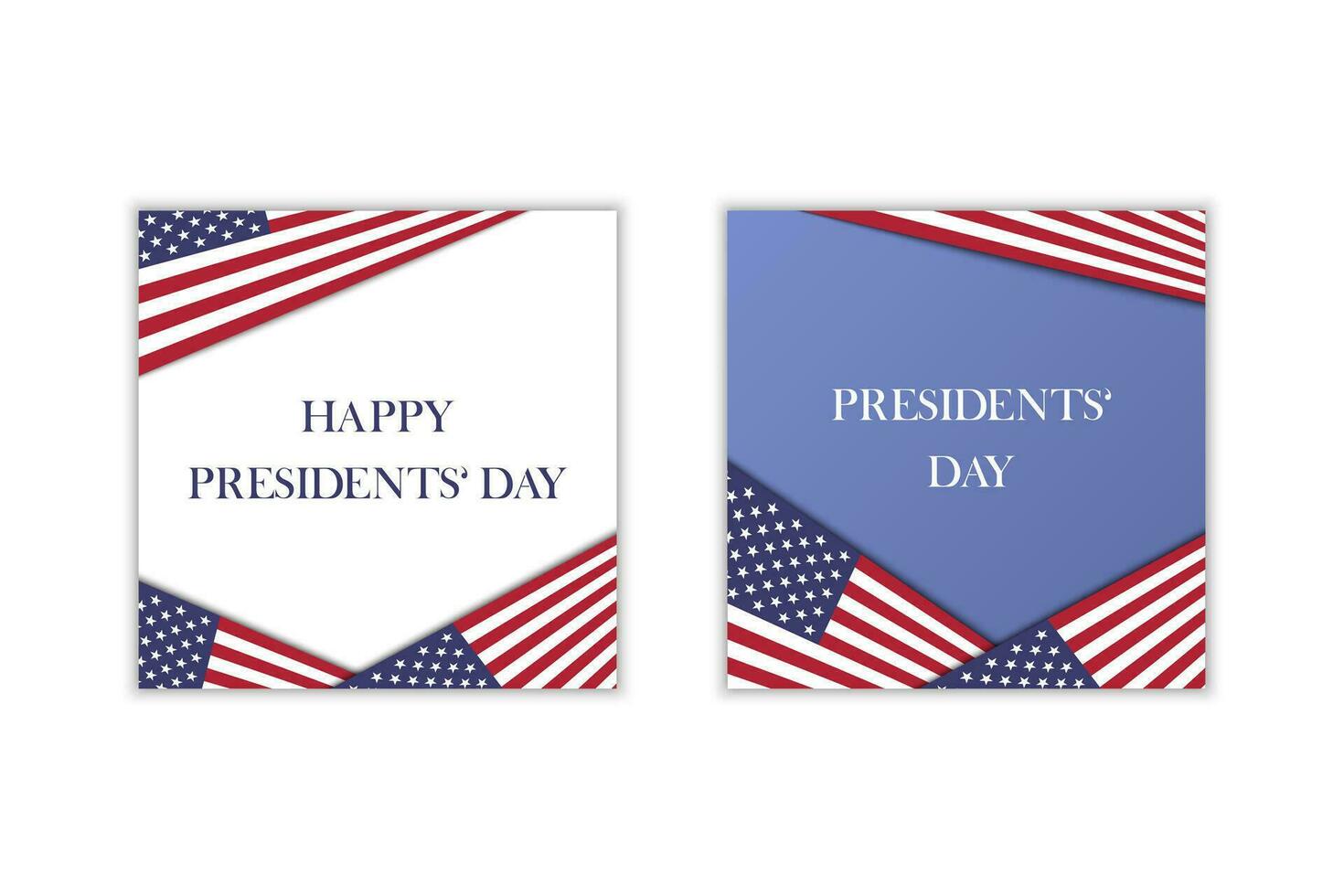 Happy Presidents Day square posters set. American flag backgrounds for social media post. USA national February holiday. Vector illustration with text