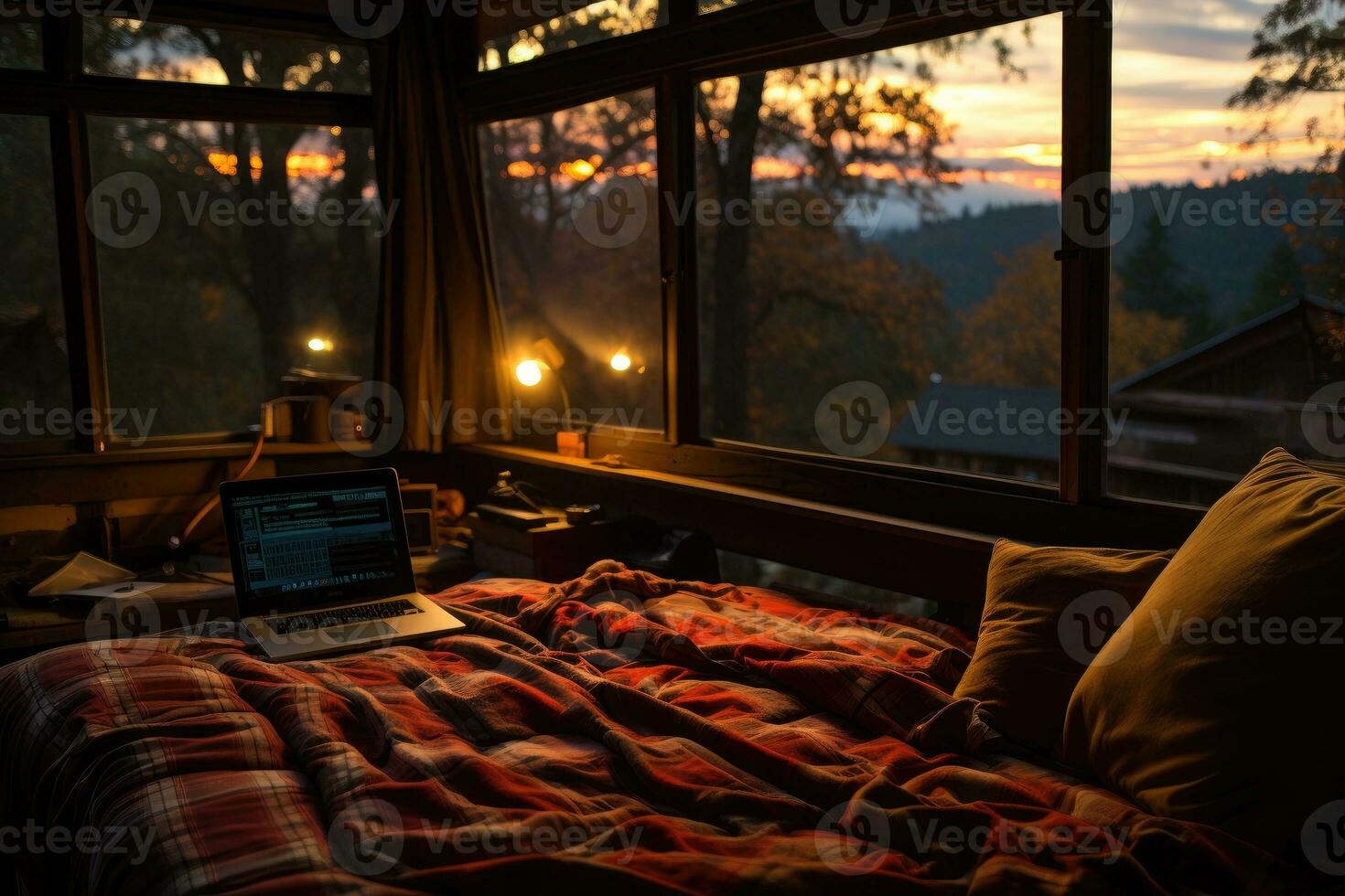 AI generated working in bed with laptop professional photography photo