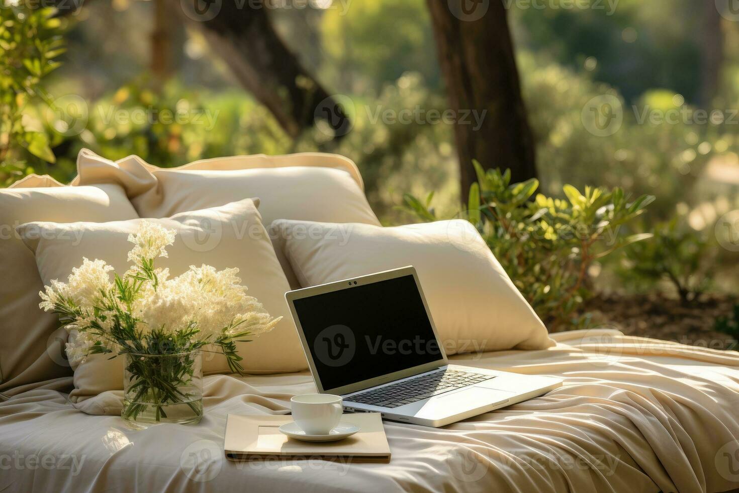 AI generated working in bed with laptop professional photography photo