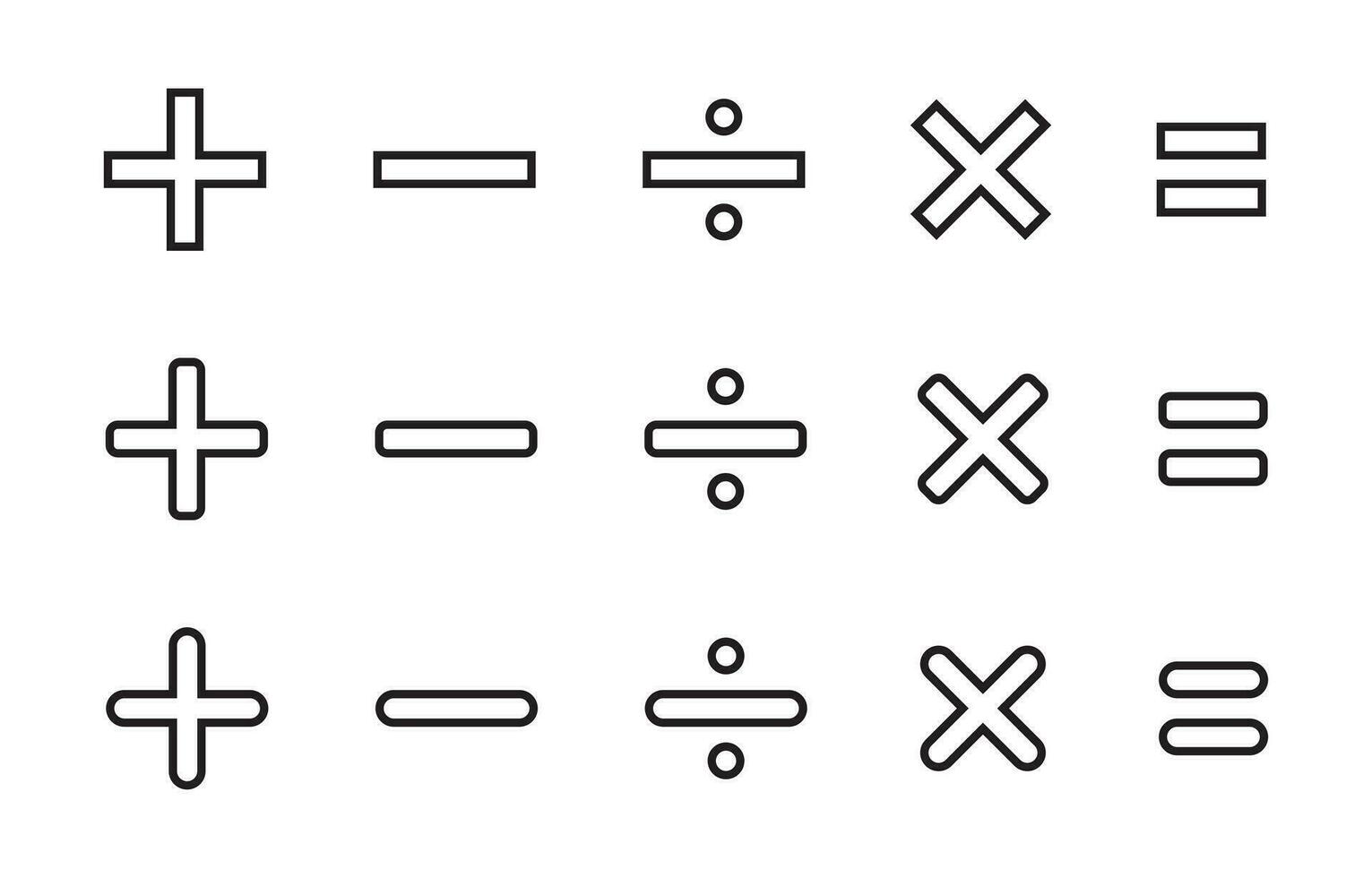 Basic math symbols. Addition, subtraction, division, multiplication, and equality icon vector in line style