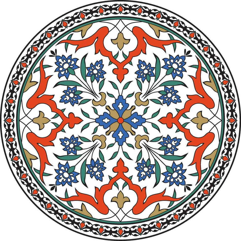 Vector colored round Turkish ornament. Ottoman circle, ring, frame. Muslim pattern for stained glass