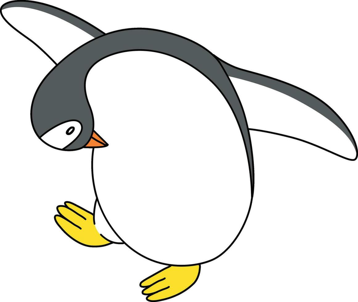 Cute cartoon penguin with simple lines, the penguin standing, running, jumping, sliding, and striking various poses. The cartoon penguin in the icy world joyful. vector