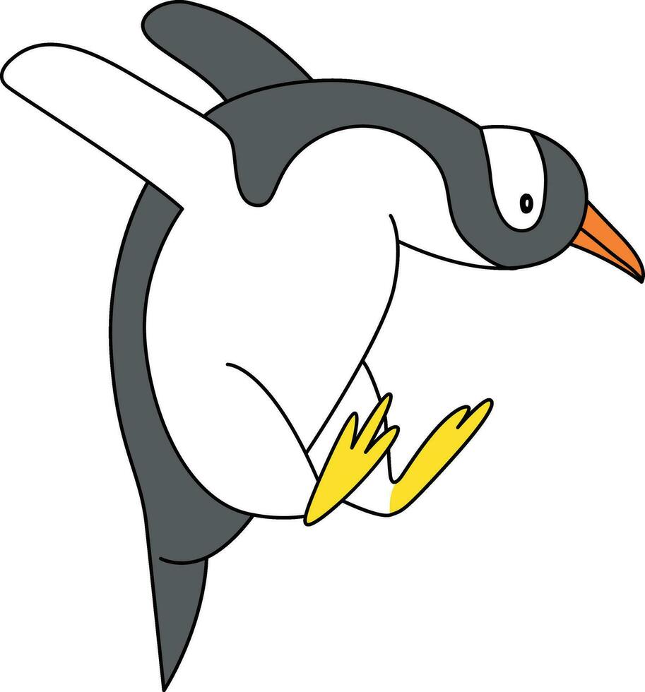 Cute cartoon penguin with simple lines, the penguin standing, running, jumping, sliding, and striking various poses. The cartoon penguin in the icy world joyful. vector
