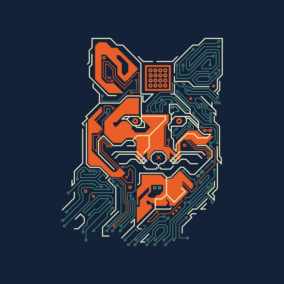 graphic of fox head combined with electronic board pattern vector