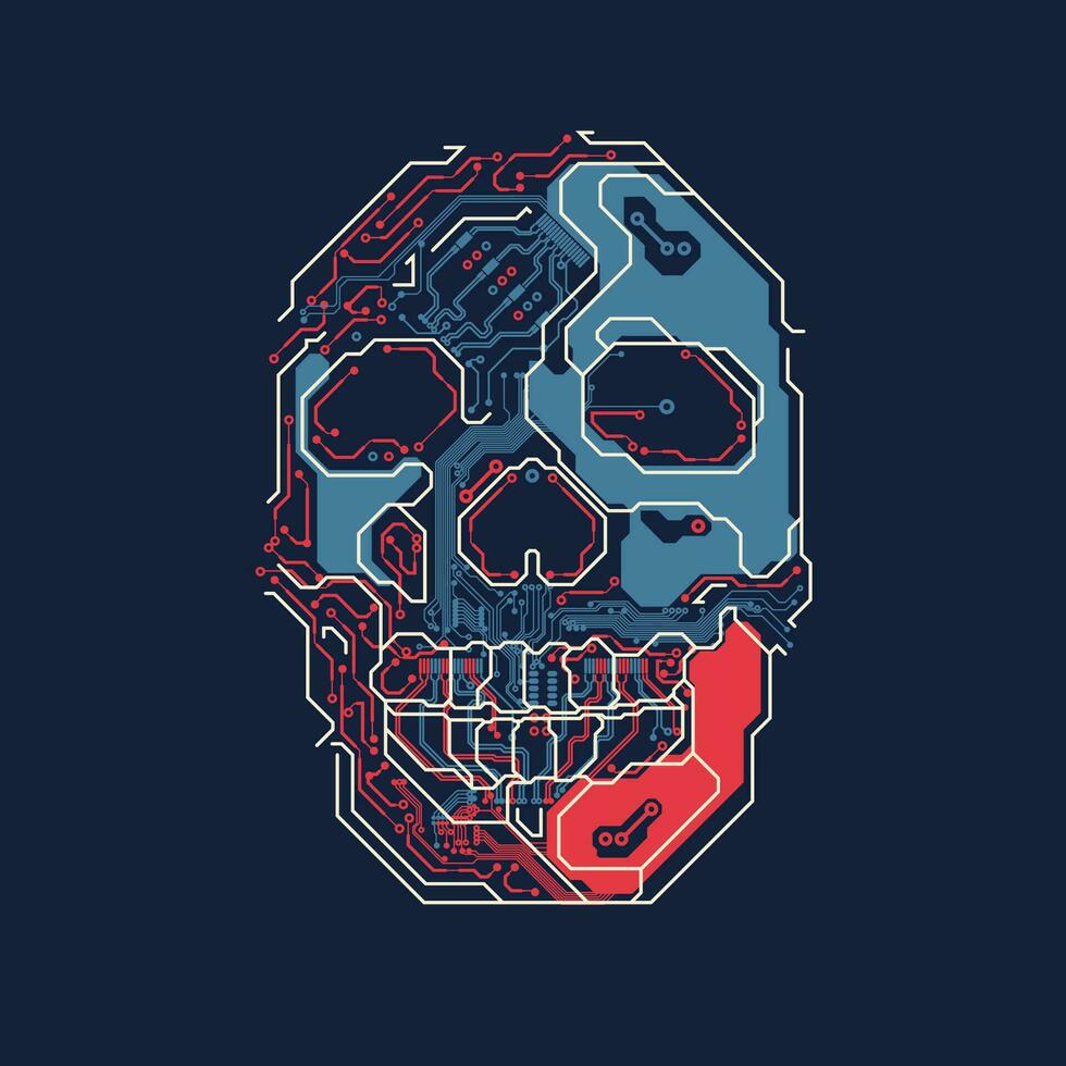 graphic of circuit electronic skull present in retro matching colours cyberpunk style vector