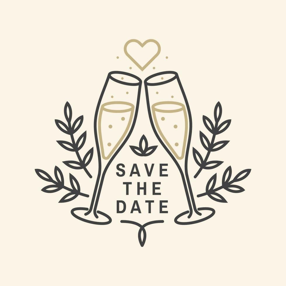 Wedding invitation card template. Vector. Thin line geometric badge. Outline icon for save the date invitation card design. Modern minimalist design with champagne glass vector