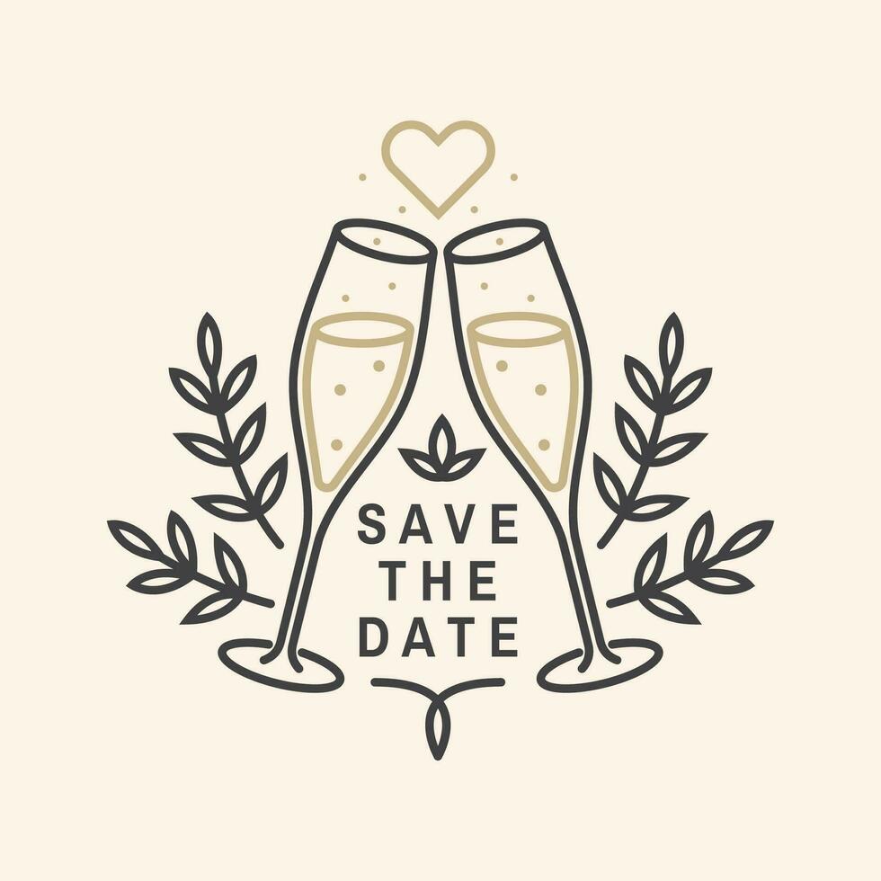 Wedding invitation card template. Vector. Thin line geometric badge. Outline icon for save the date invitation card design. Modern minimalist design with champagne glass vector