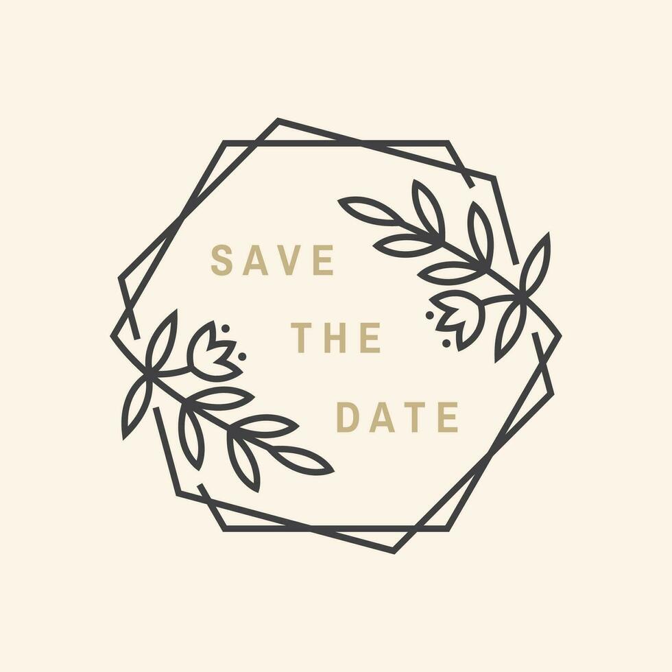 Wedding invitation card template. Vector. Thin line geometric badge. Outline icon for save the date invitation card design. Modern minimalist frame design with leaf, flowers decor vector