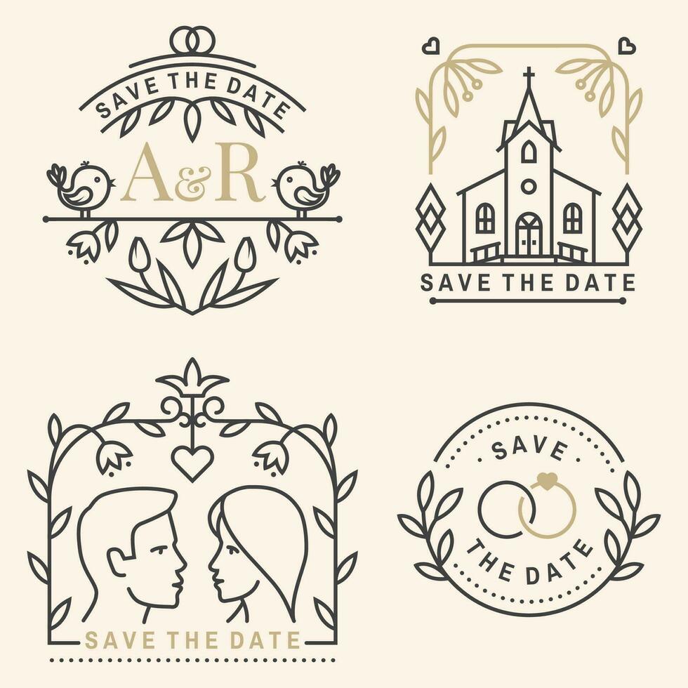 Boda invitación tarjeta modelo. vector Delgado línea geométrico insignia. contorno icono para salvar el fecha invitación tarjeta diseño. moderno minimalista diseño con Boda iglesia, arco, anillos y hoja, flores