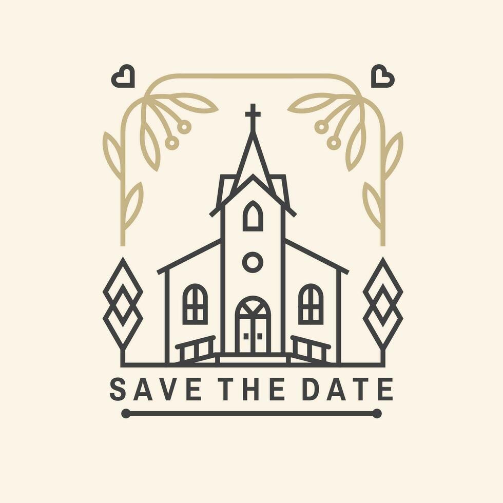 Wedding invitation card template. Vector. Thin line geometric badge. Outline icon for save the date invitation card design. Modern minimalist design with wedding church and leaf decor vector