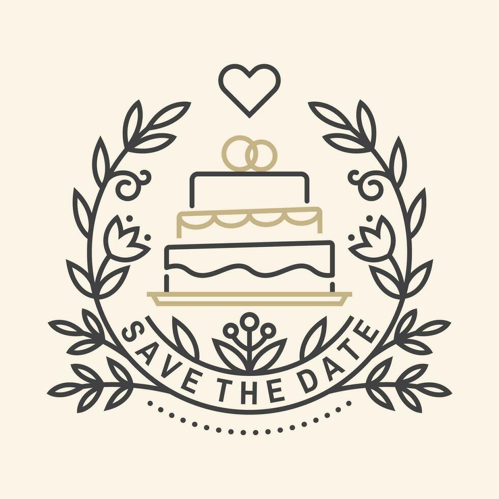 Wedding invitation card template. Vector. Thin line geometric badge. Outline icon for save the date invitation card design. Modern minimalist design with wedding cake and leaf decor vector