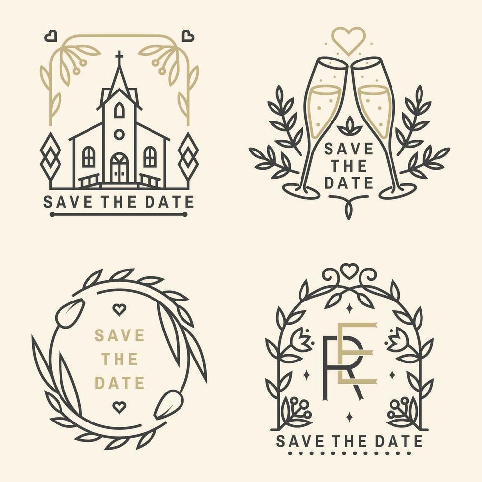 Boda invitación tarjeta modelo. vector Delgado línea geométrico. contorno icono para salvar el fecha invitación tarjeta. moderno minimalista diseño con Boda iglesia, arco, anillos, champán vaso, hoja, flores