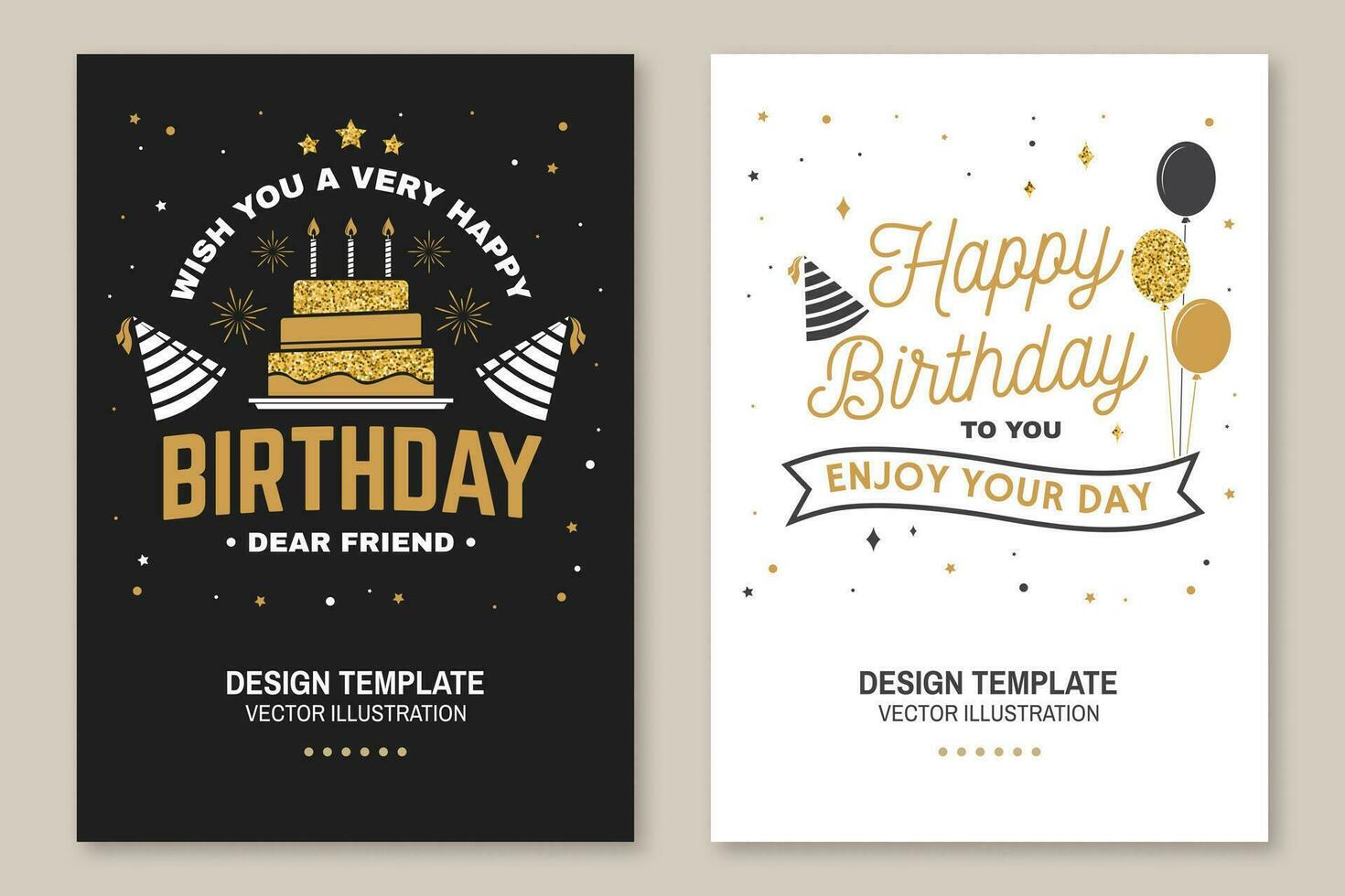 Wish you a very happy Birthday dear friend. Badge, card, with birthday hat, firework and cake with candles. Vector. Vintage typographic design for birthday celebration emblem in retro style vector